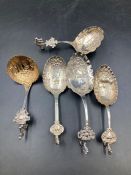A selection of five antique silver caddy spoons, Dutch.