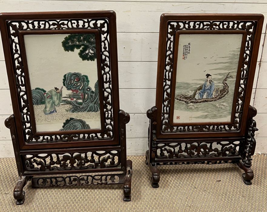Two Chinese porcelain and hardwood table screens (both stand AF)