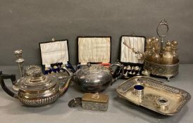 A quantity of silver plated items to include tea pots, spoons and butter knives