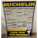 A vintage enamel adverting sign for Michelin showing tyre pressures (86cm x 62cm)