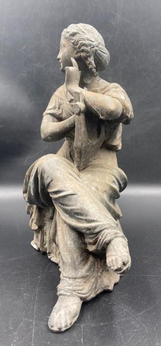 A cast metal classical figure of a lady playing a lyre. (Approximate 26cm H) - Image 2 of 5