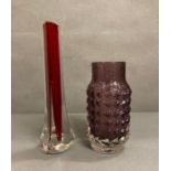 A Whitefriars Aubergine pine cone glass vase and a ruby red three sided glass vase