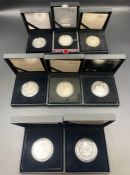 Royal Mint a selection of eight boxed with papers silver proof £5 coins celebrating various world