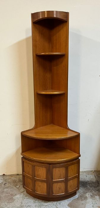 A corner unit with open shelves and cupboard below by Nathan (H194cm D43cm)