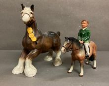 Two Equine ceramics, a boy on pony and a shire horse