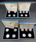 Royal Mint Four boxed sets of four one pound silver proof one pound coins dated mid 1990's onwards