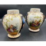 A pair of Dresden porcelain vases, each panel decorated with country scenes (H16cm)