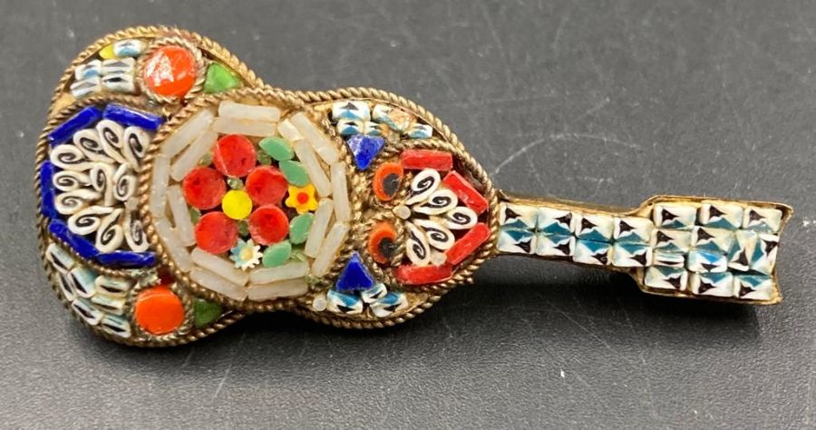 A selection of three micro mosaic venetian brooches to include a guitar - Image 4 of 4