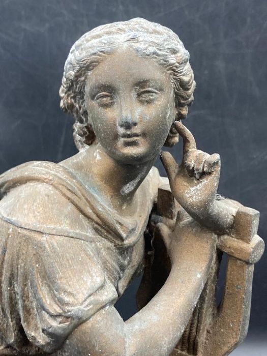 A cast metal classical figure of a lady playing a lyre. (Approximate 26cm H) - Image 4 of 5