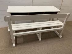 A vintage triple school wooden desk and seat (H78cm W150cm D83cm)