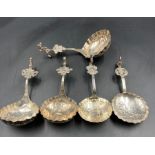 A selection of five antique silver Dutch caddy spoons.