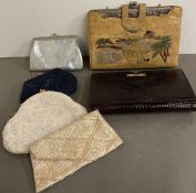 A selection of vintage handbags, leather and beaded purses