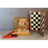 Vintage Toys Chad Valley Bakelite draughts set and board, along with a wooden building set.