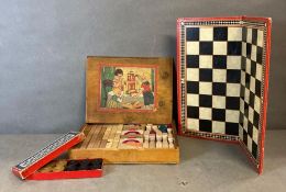 Vintage Toys Chad Valley Bakelite draughts set and board, along with a wooden building set.