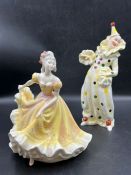 A Coalport clown figurine with polka dot along with a Royal Doulton "Ninette" figure