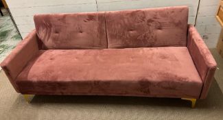 A pink velvet contemporary sofa folding into a bed (W190cm D90cm SH36cm)