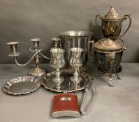 A volume of silver plated items to include an ice bucket.