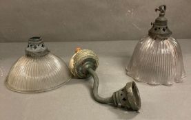 Two vintage glass pendant lamp shades and a wall light