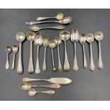 A selection of silver teaspoons, mustard and salt spoons etc, various hallmarks and makers. (