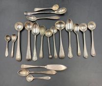 A selection of silver teaspoons, mustard and salt spoons etc, various hallmarks and makers. (