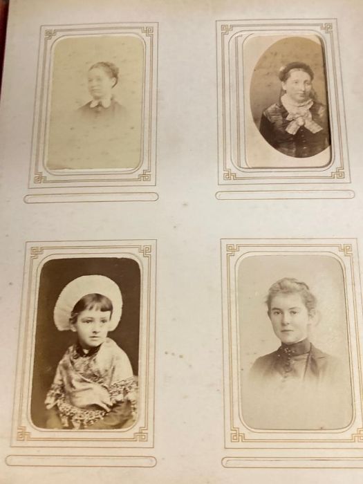 An antique pearlized and brass photo bound album containing a large selection of family portraits - Image 3 of 8