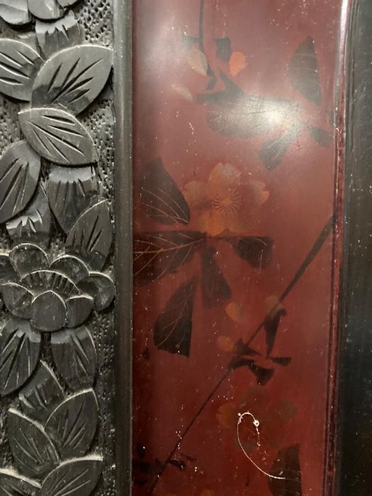 A late 19th century Japanese black laquered screen with mother of pearl and bone bird details. - Image 9 of 9