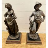 Two cold painted cast spelter figures of young farm workers on raised wooden bases