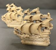 A pair of cast iron Galleon ship book ends