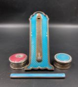 A selection of silver and enamel items to include pill box, thermometer stand etc AF