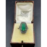 An Art Deco style Green Agate and Marcasite cocktail ring Size K