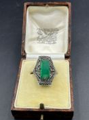 An Art Deco style Green Agate and Marcasite cocktail ring Size K