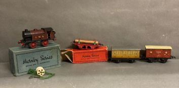 Hornby Series M3 Tank Locomotive, boxed, No 1 Timber Wagon boxed and two pieces of rolling stock