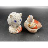 Two boxed Royal Crown Derby paperweights Dormouse and Teal Duckling, gold stoppers,