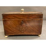 A mahogany inlaid tea caddy on ball feet AF