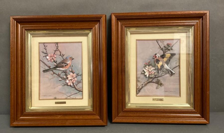 Two framed textured pictures a chaffinch and a gold finch