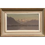 An oil on canvas lake side landscape painting by Swiss artist Alexis Vautier signed lower left
