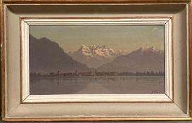 An oil on canvas lake side landscape painting by Swiss artist Alexis Vautier signed lower left