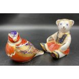 Two boxed Royal Crown Derby paperweights, Scottish Teddy Shona and a Thrush , one gold stopper and