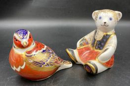 Two boxed Royal Crown Derby paperweights, Scottish Teddy Shona and a Thrush , one gold stopper and