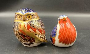 Two boxed Royal Crown Derby paperweights, Little Owl and Robin, one with gold stopper and one with