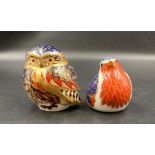 Two boxed Royal Crown Derby paperweights, Little Owl and Robin, one with gold stopper and one with