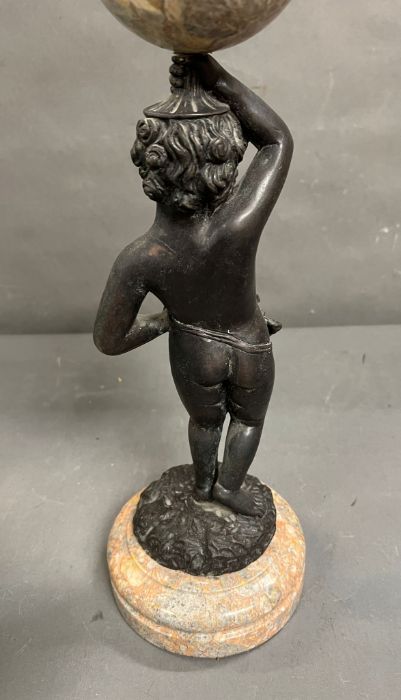 A bronze and marble statue of a boy holding a marble ball above his head - Image 7 of 7
