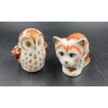 Two boxed Royal Crown Derby paperweight, s Owl and Kitten, gold stoppers