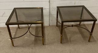 A pair of French style brass and glass side table (H41cm Sq46cm)