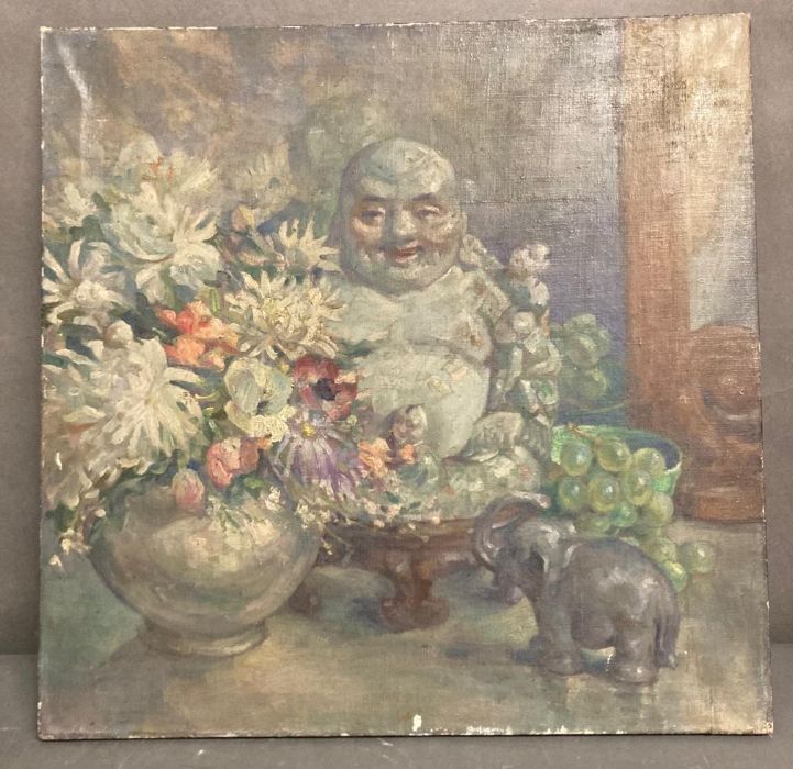 An oil on canvas still life of flowers, grapes and a laughing Buddha 51cm x 51cm