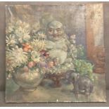 An oil on canvas still life of flowers, grapes and a laughing Buddha 51cm x 51cm