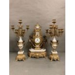 Marble and gilt bronze French style mantle clock with garniture