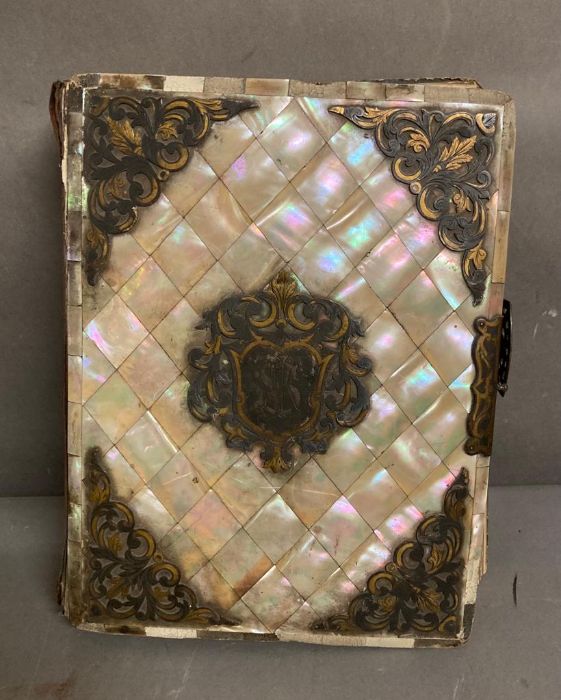 An antique pearlized and brass photo bound album containing a large selection of family portraits - Image 7 of 8