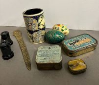 A collection of paper mache pots, eggs, vintage tins etc