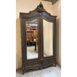 A French Armoire wardrobe painted in grey with gold details. Height 257 depth 59 width 138